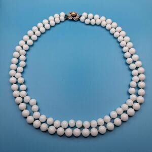 Vintage Milk Glass Beaded Necklace Double Strand MCM Silver Filigree Slide Clasp